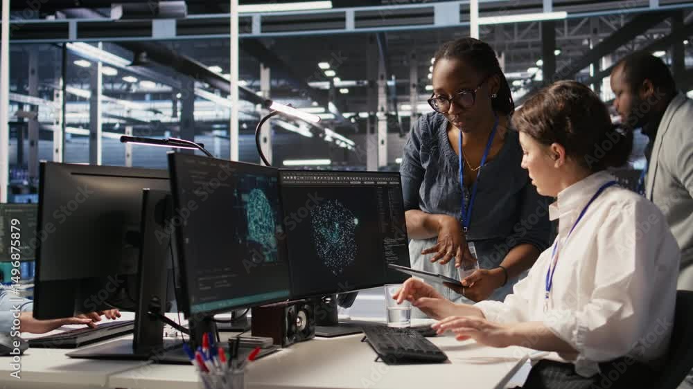 Poster cheerful data center engineers doing fist bump after completing successful ai system deployment. smi