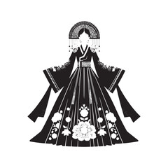 Modern Fusion Hanbok Dress Vector Silhouette – Blending Traditional Korean Elegance with Contemporary Style, Innovative Design, and Cultural Heritage in Minimalist Art.