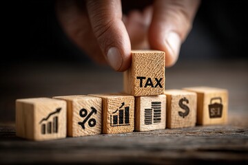 Tax Planning and Financial Strategy Concept. A person stacking wooden blocks with financial and tax icons, symbolizing tax planning, financial strategy, accounting, monetary management, payment tax,