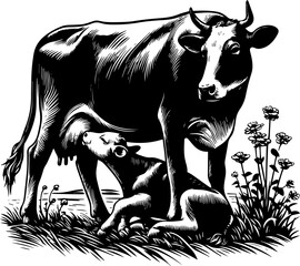 Heartwarming black and white illustration of a gentle cow nursing her calf in a serene rural field. Vector illustration depicting a calf suckling its mother.