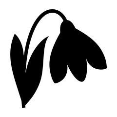 Black Silhouette of a Snowdrop Flower with Leaves on a White Background