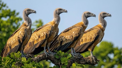 Fototapeta premium Four majestic vultures perched on a branch, showcasing their striking feathers and keen eyes against a verdant backdrop.