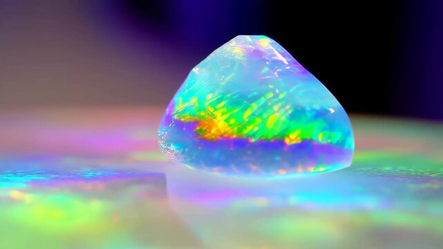 Close up of a luminous opal gemstone with spectral colors shimmering, crystal reflects rainbow spectrum, luxury jewelry concept