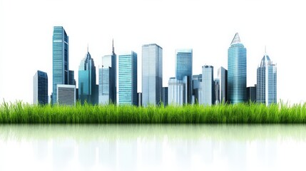 Fototapeta premium Modern City Skyline Reflection with Green Grass in Foreground