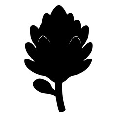 Black silhouette of a unique leaf with stem and bud formation
