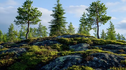 Obraz premium Rocky hilltop covered in various types of green vegetation and trees. The scene is lit by natural daylight.