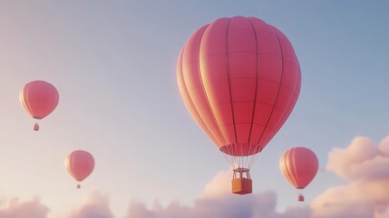 Fototapeta premium Colorful Hot Air Balloons Gliding Through Soft Cloudy Sky at Sunset