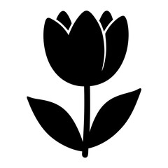 Monochrome Tulip Flower Silhouette with Petals and Leaves on White Background