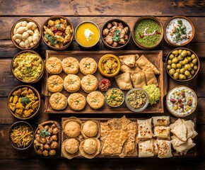 Fototapeta premium Assorted dishes of various cuisines on a wooden surface