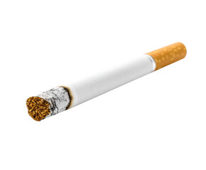 Cigarette resting on a flat surface with ash details on a transparent background, cut out