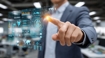 A businessman in a suit is interacting with a futuristic holographic interface displaying charts, maps, and data visualizations in a bright modern office setting.