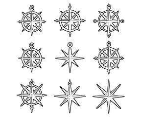 Vintage marine wind rose, nautical chart. Monochrome navigational compass with cardinal directions of North, East, South, West. Geographical position, cartography and navigation. Vector illustration