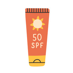 Sunscreen tube SPF 50, bold and colorful vector style illustration for skincare, summer protection, and health related visuals.