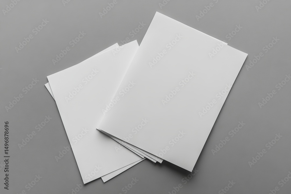 Poster open and closed blank brochures are arranged on a grey background, captured from a top view, to be u