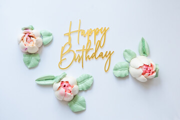 Happy birthday inscription on white background. Festive inscription for anniversary birthday, surprise. 