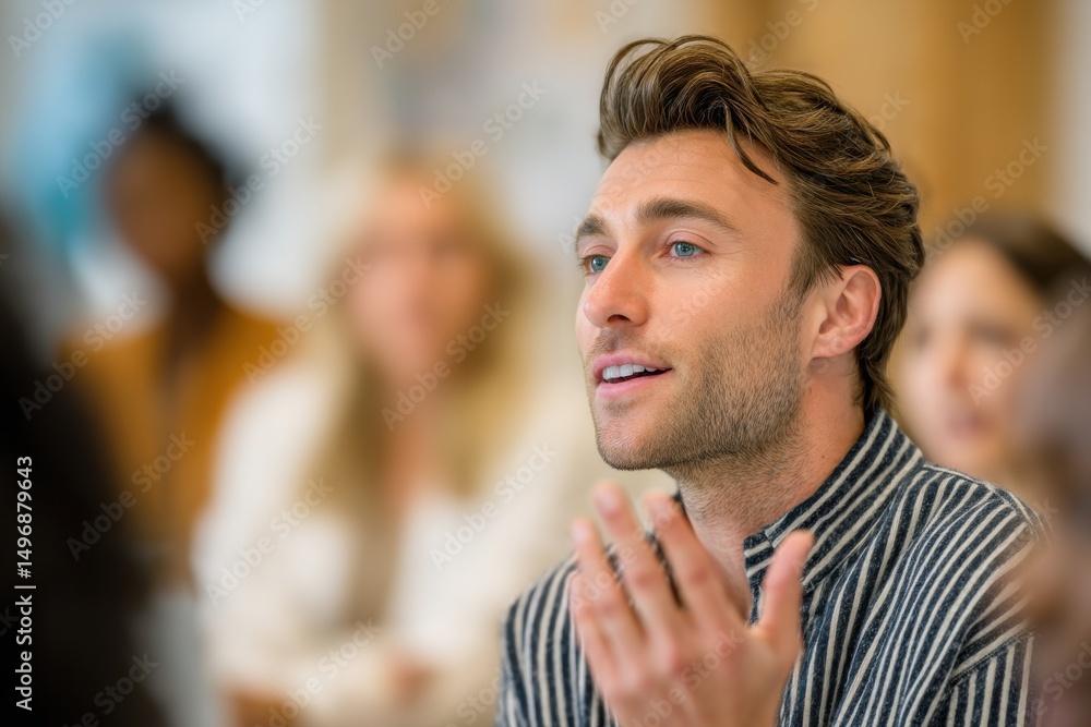 Poster man speaking at a meeting with diverse colleagues, illustrating leadership and corporate communicati