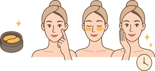 Skincare illustrations set. Collection of girl applying collagen hydrogel patch on her delicate under eyes skin. Dark circles treatment concept. Vector illustration
