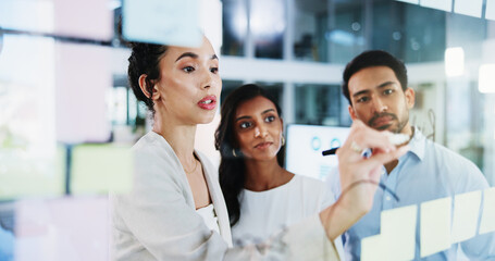 Glass wall, collaboration and business people in office, planning and about us with brainstorming....