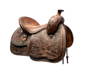 Intricately designed leather saddle for equestrian use and display on a transparent background, cut out