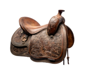 Intricately designed leather saddle for equestrian use and display on a transparent background, cut out