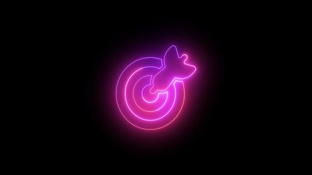 glowing neon line bulls eye target icon or dart board has dart arrow throw hitting the center of a shooting target for business targeting and winning goals business concepts.