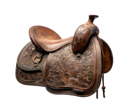 Intricately designed leather saddle for equestrian use and display on a transparent background, cut out
