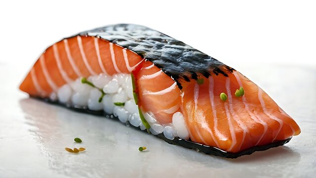 Delicious sushi piece featuring succulent salmon fillet atop seasoned rice wrapped in nori seaweed a perfect example of Japanese cuisine artistry and culinary excellence showcasing fresh ingredients a