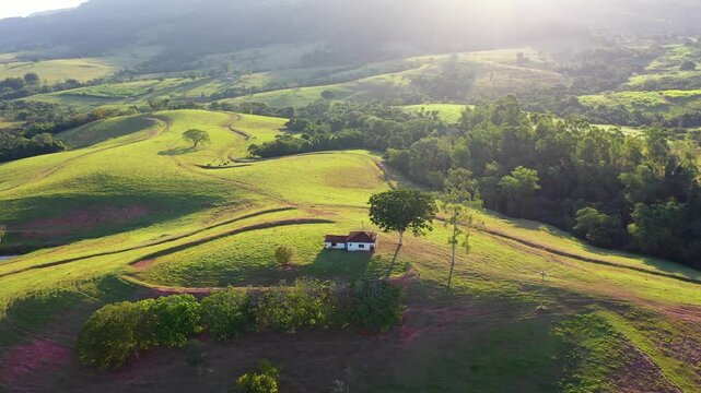 Rural Life In Teofilo Otoni Minas Gerais Brazil. Captivating Aerial View Of Plantations Forming Geometric Patterns. Sunset Rural Road Valley Farming Amazing. Field Farming.