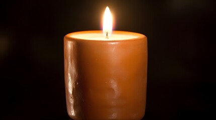 Burning Candle in Terracotta Holder Dark Background