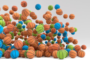 Many of flying multicolor basketball ball falling on white background