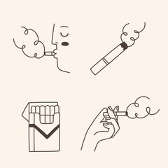 Cartoon doodle icons. Design elements for no smoking signs. Vector illustrations of pack of cigarettes, hand holding cigarette, man smoking.	