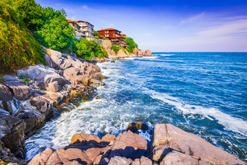 Sozopol, Bulgaria. Black Sea summer coast, sunlit cliffs and turquoise waters