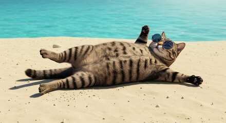 Cat with Sunglasses Sunbathing on Beach