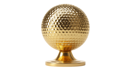 Golden Golf ball trophy award winning prize isolated on white and transparent background, cut out png