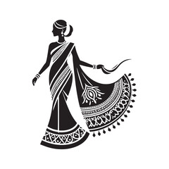 Elegant Sari Vector Silhouette – Traditional Indian Draped Garment, Graceful Flow, Rich Cultural Heritage, Vibrant Fabrics, and Timeless Feminine Beauty.
