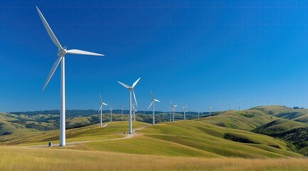Wind Farm on Rolling Hills with Multiple Turbines and Clear Blue Sky: Concept of Clean Energy and Sustainable Development