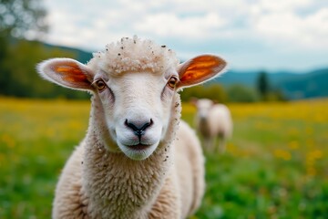Fototapeta premium A sheep standing in a field of yellow flowers