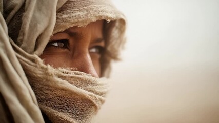 Middle Eastern woman in traditional attire gazes thoughtfully, evoking themes of culture, tradition, and introspection - Powered by Adobe