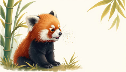 Obraz premium Cute red panda sitting among bamboo plants, showcasing its vibrant orange and black fur. scene evokes sense of playfulness and tranquility