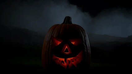 Illuminated jack-o'-lantern with menacing carved face glows in eerie outdoor setting with cloudy dark sky