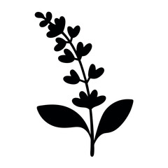 Black and white vector silhouette of a lavender sprig on white background