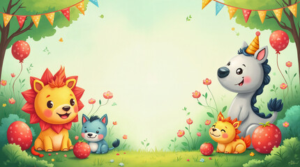 Fototapeta premium A cartoon scene of a lion, a cat, a dog, and a unicorn
