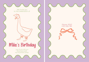 Whimsical birthday kids invitation card wih goose in a cap and with ribbon bows. Funny cute character flat illustration. Vector baby invite design.
