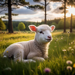 Obraz premium fluffy white lamb lying on grass during sunset, eid qurbani lamb