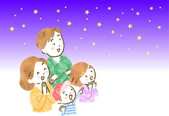 笑顔で星空を見上げる4人家族のイラスト