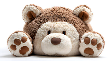 Animal-shaped bean bag for kids, shaped like a bear with soft ears and paws, brown and cream colors, isolated on white background