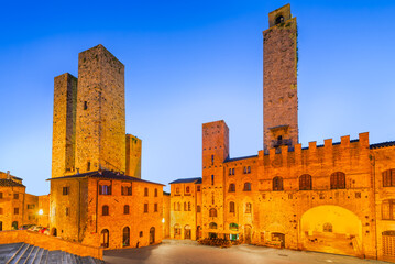 San Gimignano, Tuscany, Italy. Piazza del Duomo and medieval towers.