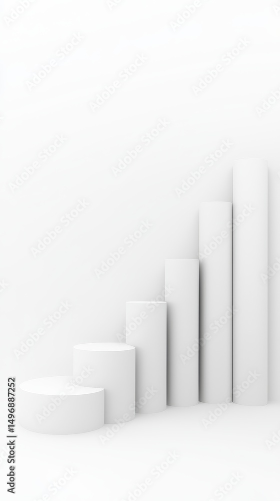 Poster minimalist 3d white bar chart with cylindrical columns representing growth or progress on a plain ba
