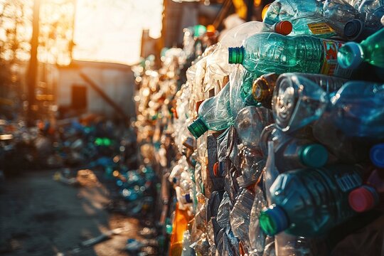 pile of discarded plastic bottles, some clear, others brightly colored, with blurred outdoor backdrop. visual for topics like recycling, sustainable practices and waste reduction