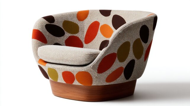 Modern armchair with colorful, retro-patterned upholstery and a wooden swivel base, blending comfort with stylish mid-century design.
